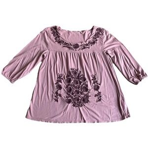 Garnet Hill Maeve Pink Folkloric Shirt Embroidered 3/4 Sleeve Small 3/4 Sleeve